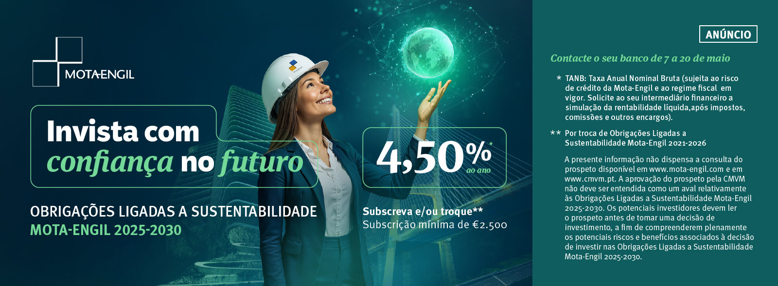 Anúncio Mota-Engil: Obrigações 2025-2030 ligadas à sustentabilidade, TANB 4,50%, subscrição mínima €2.500.