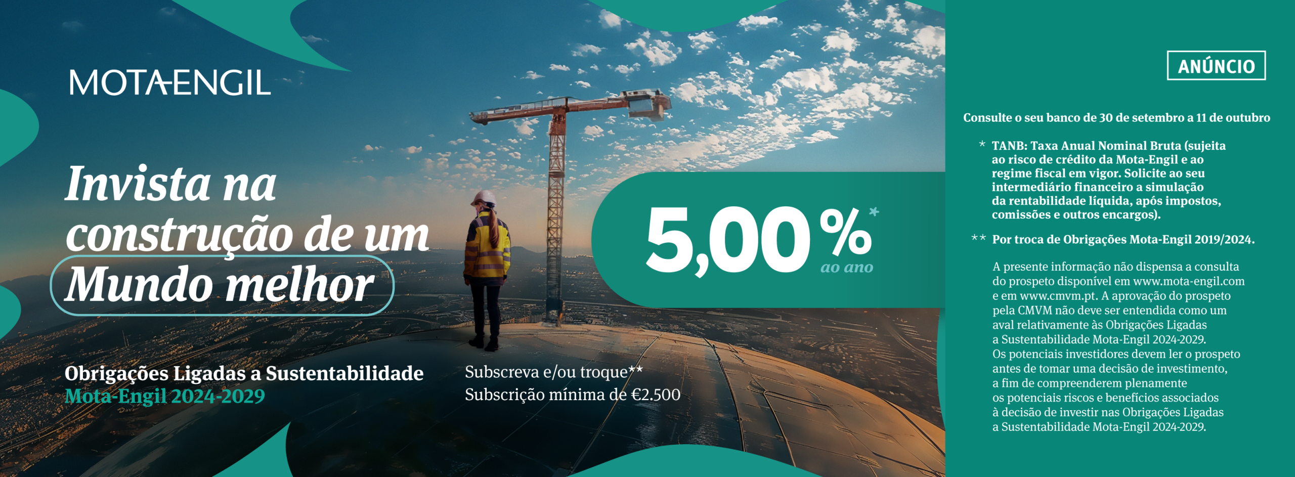 Subscription announcement for Mota-Engil 2024–2029 bonds with an annual interest rate of 5%; minimum investment of €2,500; open until 11 October.