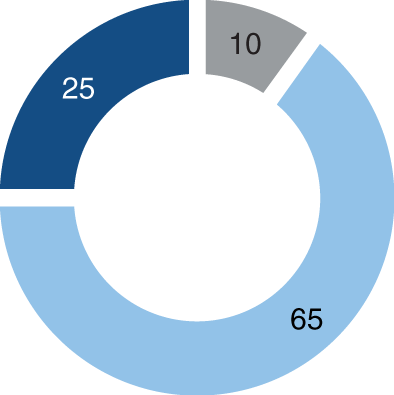 Gráfico sobre a distribuição de investimento para um perfil Moderado: 65% em obrigações, 25% em ações e 10% em liquidez.