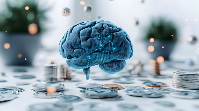 Cérebro digital azul sobre moedas e pilhas de dinheiro, ilustrando a influência da psicologia e das emoções nas decisões de investimento.