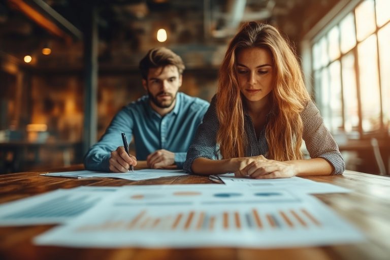 Duas pessoas a analisar documentos e gráficos financeiros, ilustrando o planeamento de investimentos e as novas tendências de investimento.