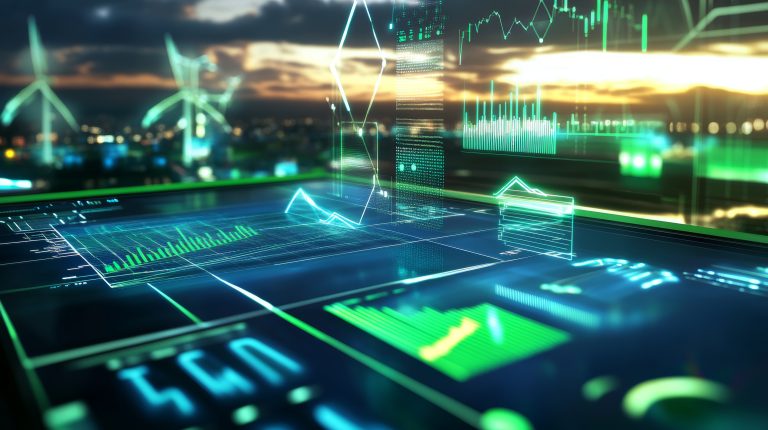 Gráficos financeiros digitais sobrepostos a uma paisagem com turbinas eólicas, ilustrando a relação entre energia, inflação e investimentos.
